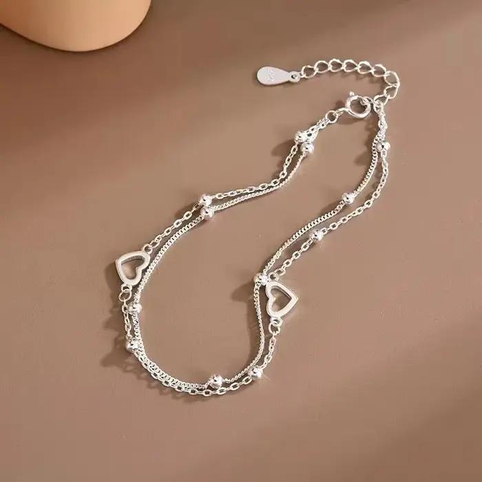 Bracelet en argent sterling 925 forme cœur double couche perles pour femmes et filles cadeau fête romantique vintage design coréen
