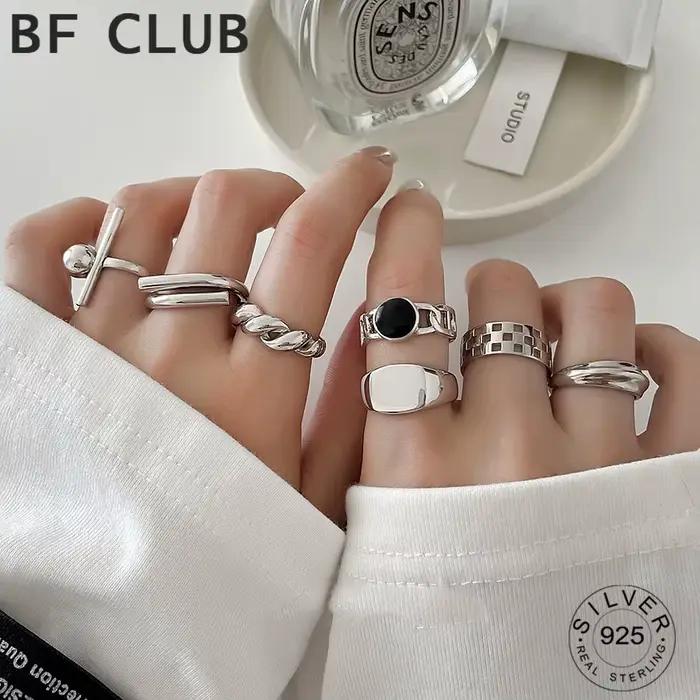 Bague géométrique ronde rétro couleur argent véritable pour femmes