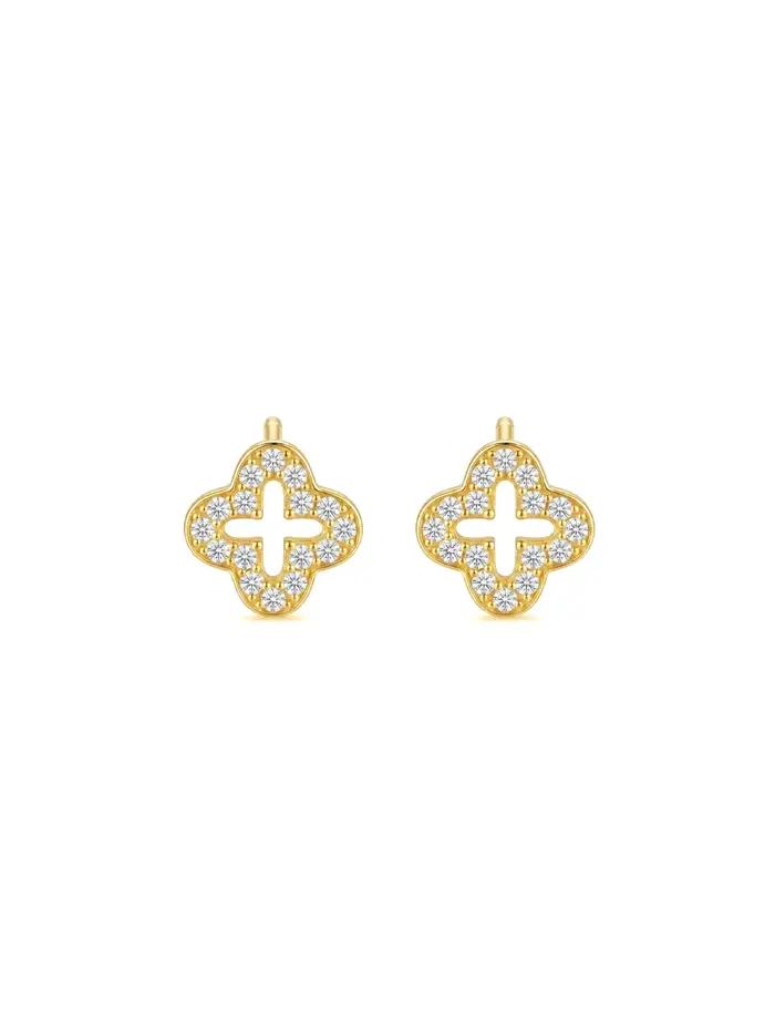 Boucles d'oreilles clous en argent S925 plaqué or 18 carats avec trèfle et zircon cubique