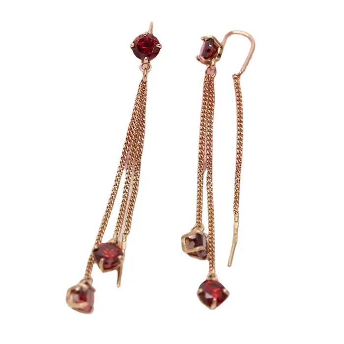 Boucles d'oreilles pompon gemme rouge incrusté d'or rose 14 carats pour femme, bijoux longs plaqués or violet, boucles d'oreilles de luxe légères, 585