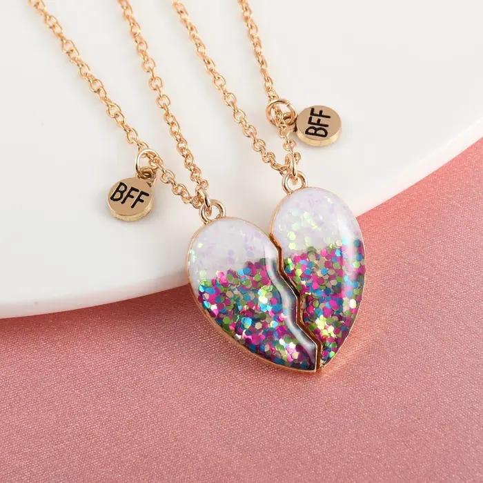 Karsyngirl Lot de 2 colliers multicolores en forme de cœur avec sequins, bijoux d'amitié BFF, cadeau