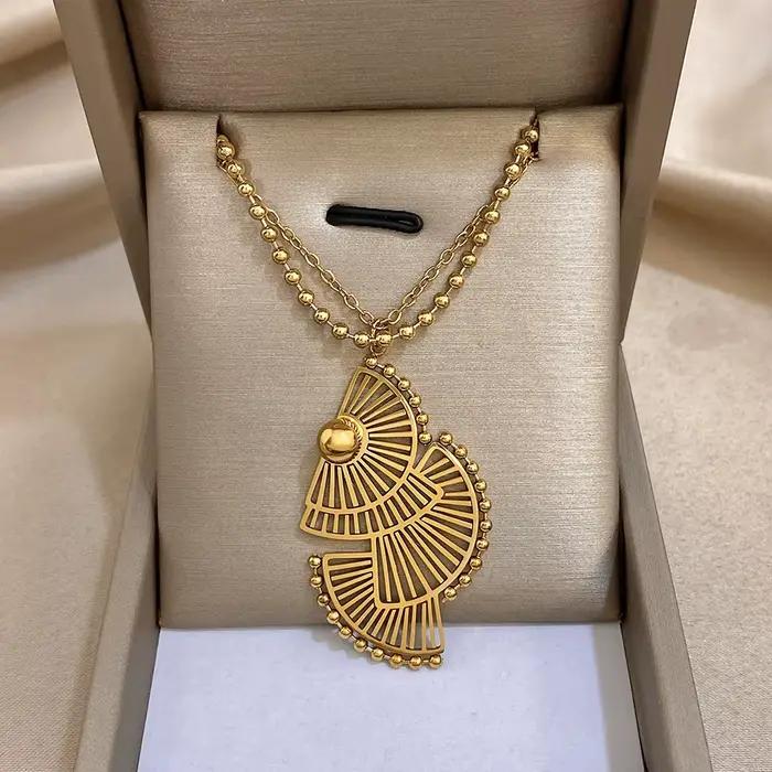 Pendentif Greatera en forme d'éventail triple couche collier de perles double chaîne acier inoxydable pour femmes élégantes occasions spéciales