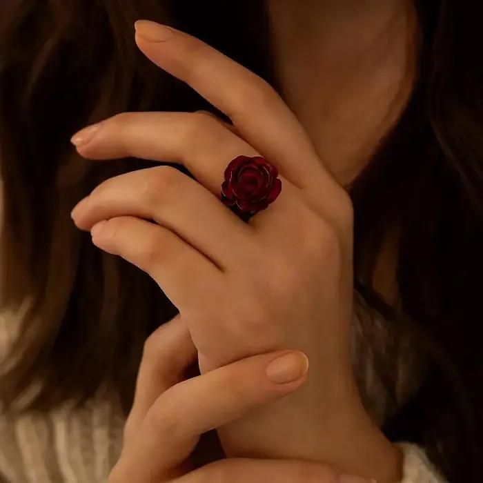 Bague Rose Rouge Gothisme Vintage Paganisme pour Femmes Occasions Spéciales Halloween Branchées