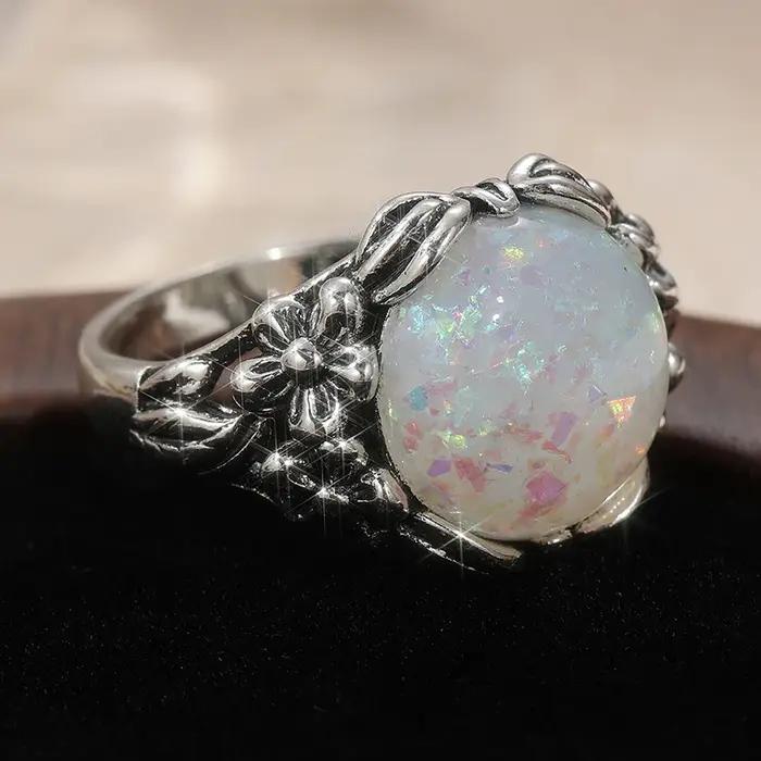 Bague vintage pour femme en argent avec opale imitation incrustée