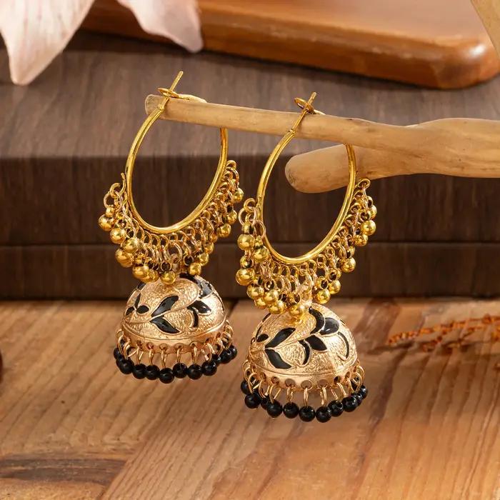 Jhumka – grand rond couleur or pour femmes, bijoux indiens, Vintage ethnique, émail, fleur, cloche,