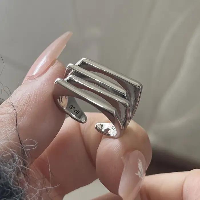Bagues en argent Sterling 925 pour femmes et hommes, large bague ouverte Vintage à 4 couches, cadeau de fête d'anniversaire