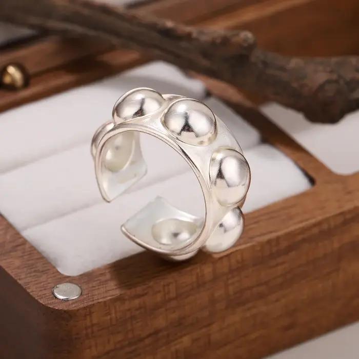 Bague ouverte large pour femme, style industriel, avec perle 3D ronde, en argent mat, au design simp