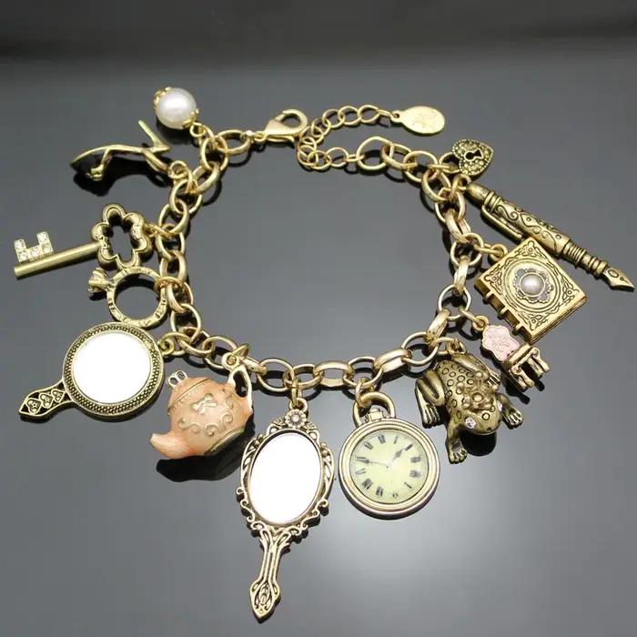 Vintage pays des merveilles miroir breloques perles lien chaîne cristal bracelet bracelets pour femme Pulseira Masculina bijoux accessoires cadeau