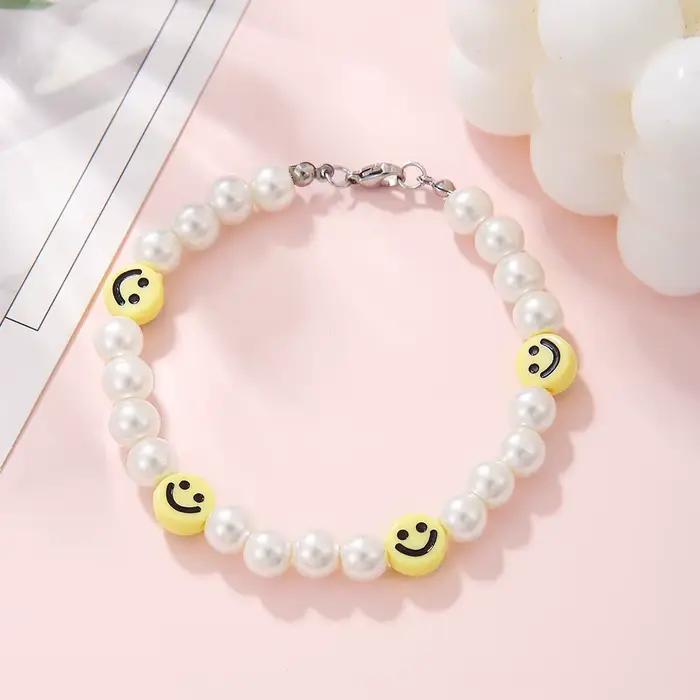 Bracelets de perles rétro avec visage souriant, Imitation de perles, argile, faits à la main, bijoux de styliste, accessoires unisexes, cadeau pour amoureux