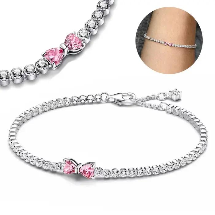 2025 Valentine nouveau 925 argent rose arc plein diamant Bracelet Original 17-20CM ajustement bricolage charme femmes anniversaire bijoux cadeaux