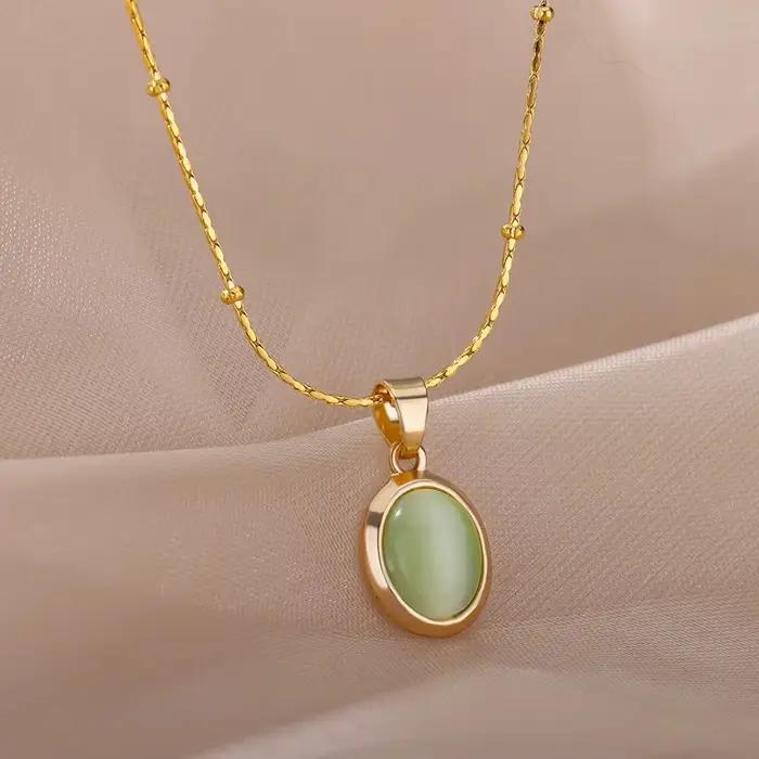 Collier ovale en pierre colorée en acier inoxydable or style classique tracker d'humeur pour femmes occasions spéciales anniversaire