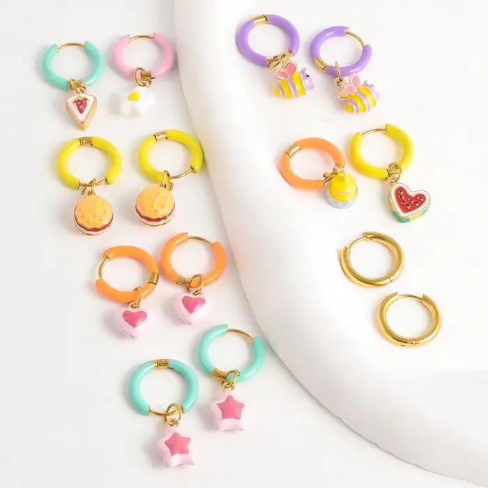 Boucles d'Oreilles Enamel Dopamine Pour Fille Motifs Cœurs Fleurs Abeille Élégantes Gothiques Occasions Spéciales