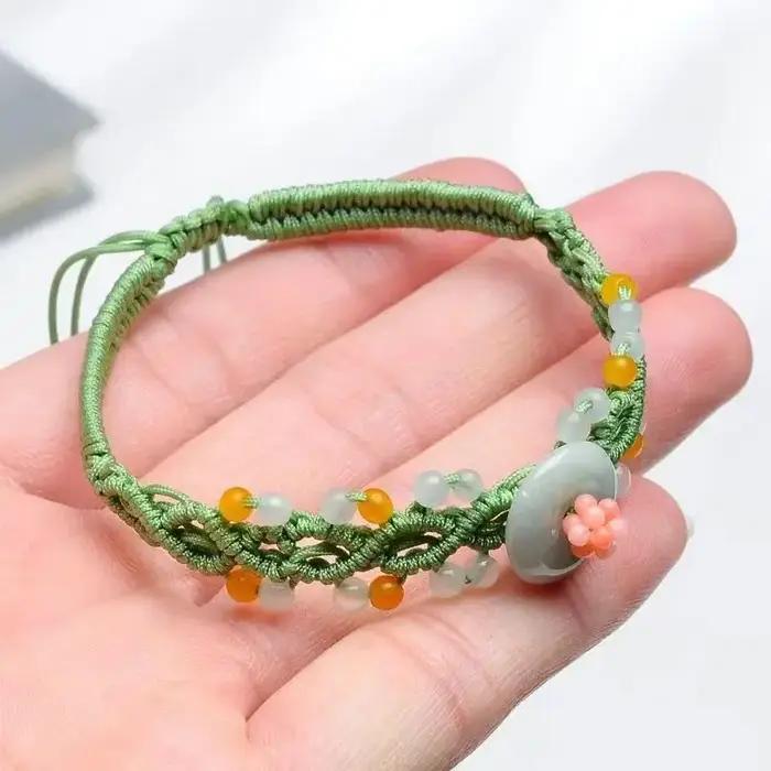 Bracelet Tressé Fait Main Femme Style Chinois Tendance 2026 Perles Cristal Boucle Paix Jade Birman Naturel Occasions Spéciales