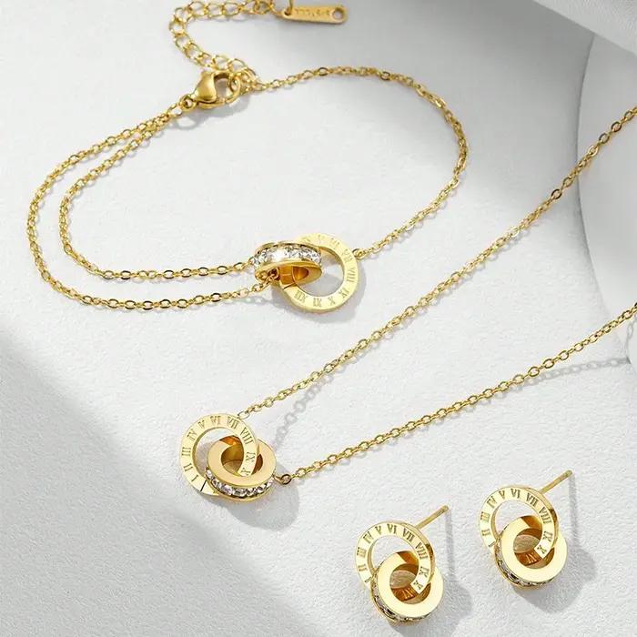 Femmes classiques chiffres romains bijoux ensemble en acier inoxydable polyvalent simple collier quotidien bracelet boucles d'oreilles accessoire