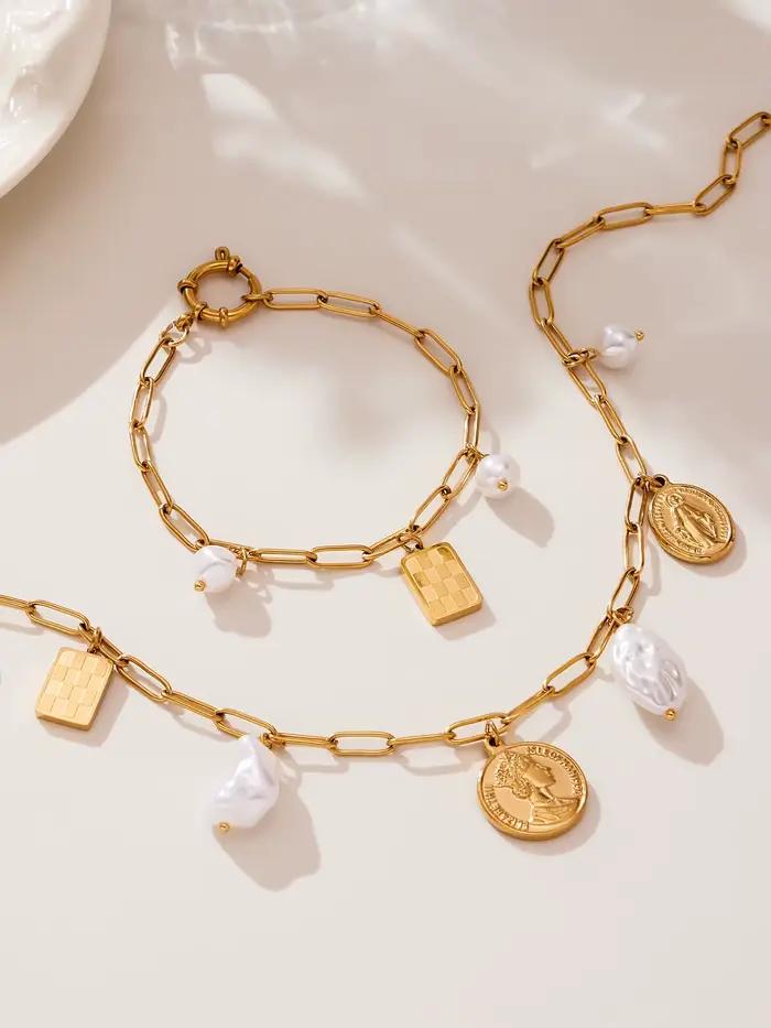Liora Style coréen Imitation perle pendentif breloques colliers Bracelets pour Femme chaîne en acier inoxydable