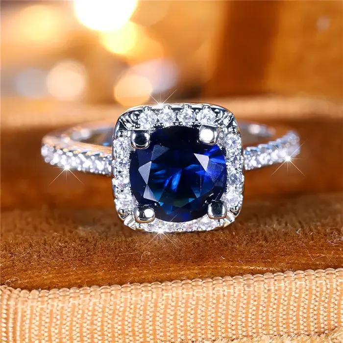 Bague de luxe en pierre de Zircon ronde bleue pour femme