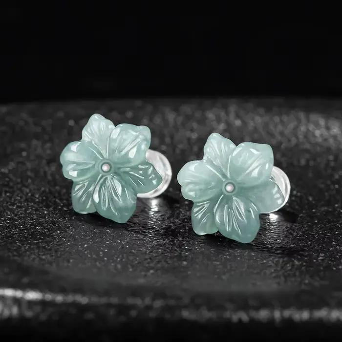 Boucles d'Oreilles Bleues en Forme de Fleur du Myanmar, Bijoux Naturels en group Jadéite de Birmanie
