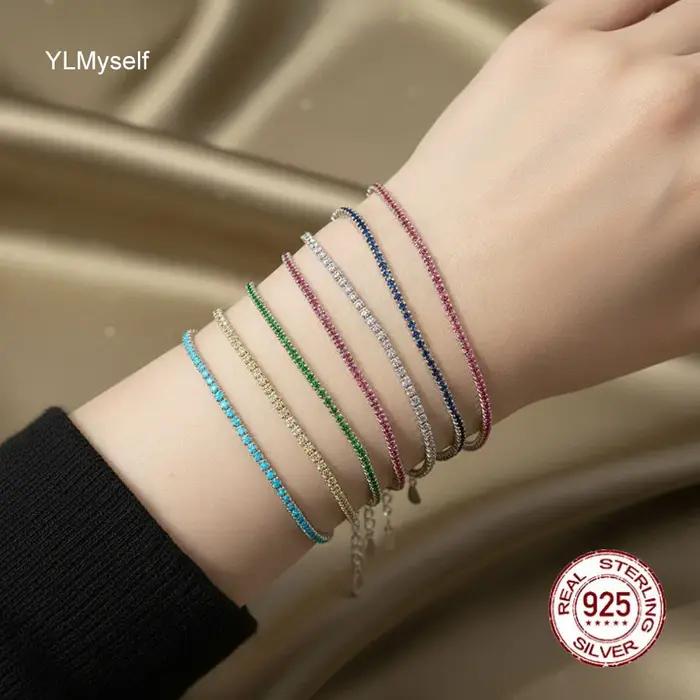 Bracelet de Tennis en argent pur pavé 1.5mm rubis/bleu LT/Turquoise/Montana/blanc/jet/rose/doré/vert couleur Zircon réel 925 bijoux