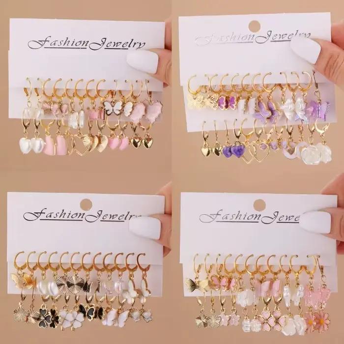Boucles d'oreilles en alliage de fer motif cœur papillon et fleur pour femmes élégantes et romantiques occasions quotidiennes et spéciales