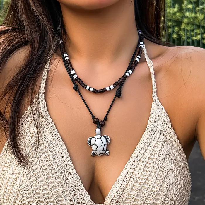 Chaîne de corde et de perles Vintage avec pendentif tortue pour femmes