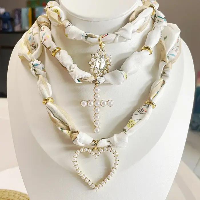 Collier à breloques écharpe-floral Beige et bleu avec perle blanche coeur croix Boho déclaration cadeau bijoux