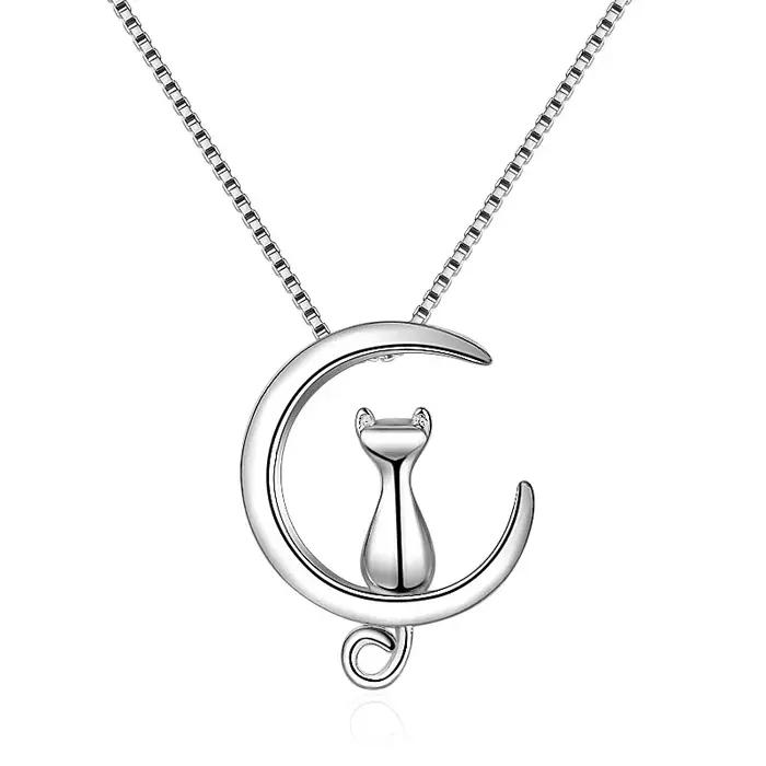 Collier le chat sur la lune en argent Sterling 925 pour femmes