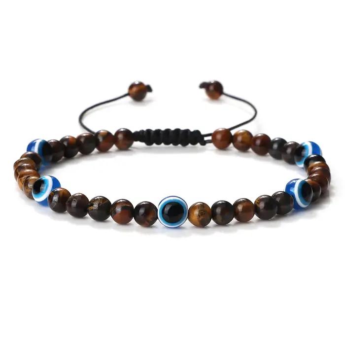 Mode turc mauvais œil Bracelets 4mm noir pierre naturelle perles tressé à la main hommes obsidienne Bracelet bijoux Pulseras Homme