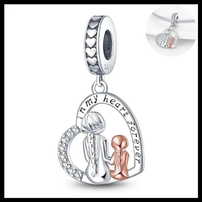 Pendentif original en argent sterling 925 avec breloques mère et fille, adapté aux bracelets et coll