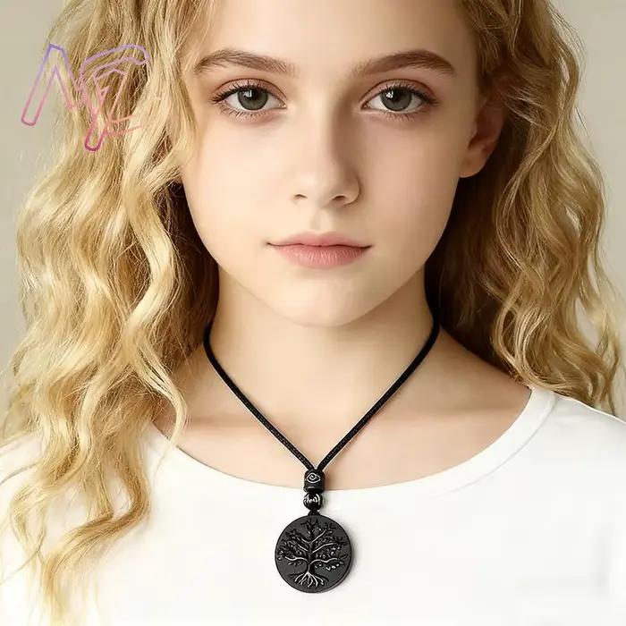 Collier pendentif arbre de vie en obsidienne véritable sculpté, cadeaux Vintage pour femmes, pierres précieuses naturelles, bijoux de charme de créateur de mode