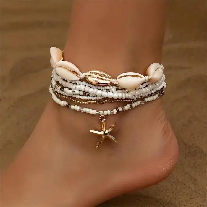 Ensemble de bracelets de cheville réglables en or plaqué avec motifs de coquilles de plage et étoiles de mer pour femmes occassions estivales et cadeaux