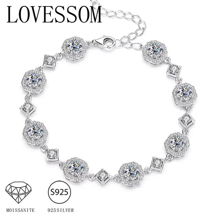 Bracelet LOVESSOM en argent sterling 925 avec moissanite ronde pour mariage et occasions spéciales