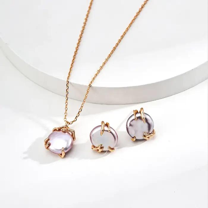 VOBIPY 925 argent Sterling 14K plaqué or perle baroque ensemble de bijoux mode collier de perles d'eau douce