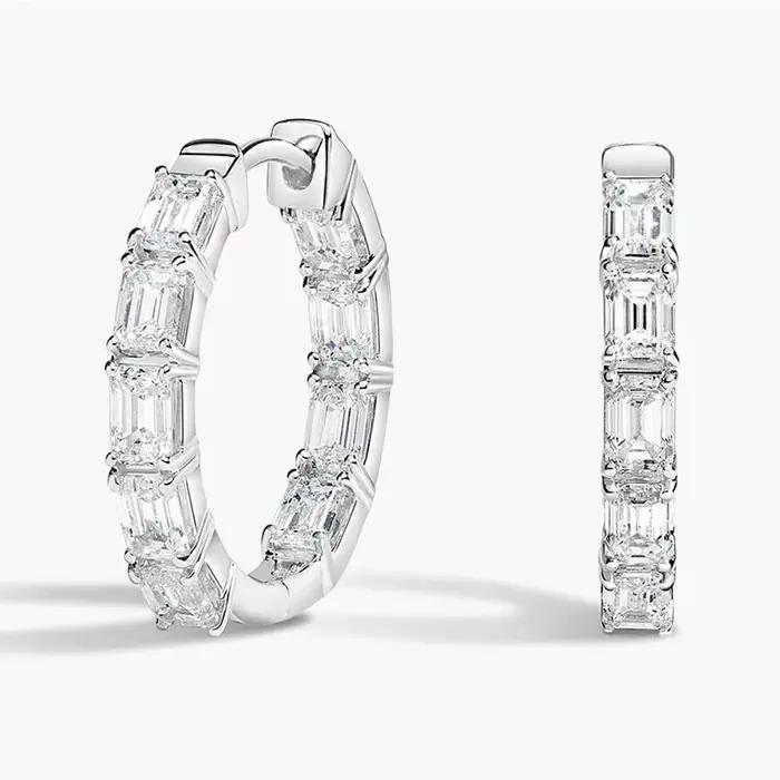 OXTAO Boucles d'oreilles créoles en moissanite brillante 3x2mm taille émeraude D VVS1 pour femme, bijoux de fête et de mariage, plaqué or 14K