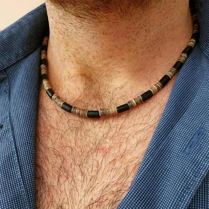 Collier ras du cou en bois vintage pour homme, 46cm/18 ans, collier court, zones bre Camping Cool Bi