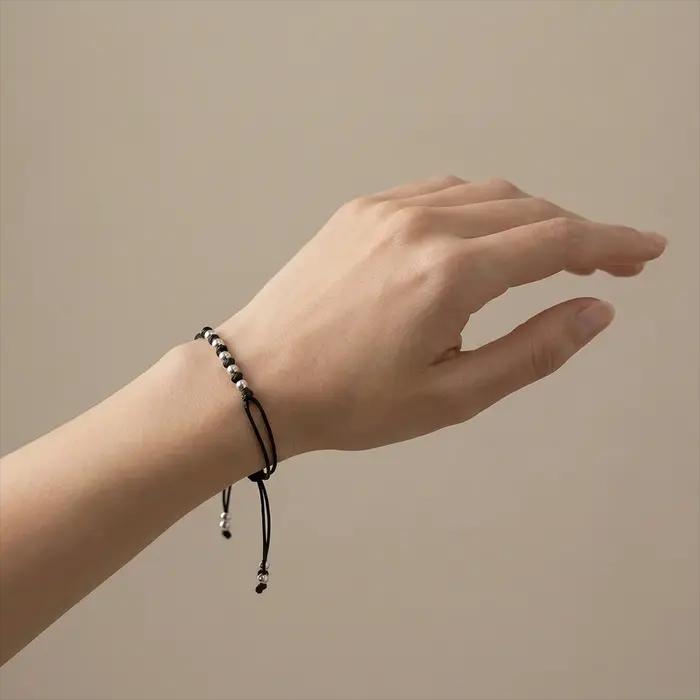 Bracelet en cordon ciré avec perles en argent sterling 925 rétro pour femmes et hommes occasions spéciales anniversaire élégance quotidienne