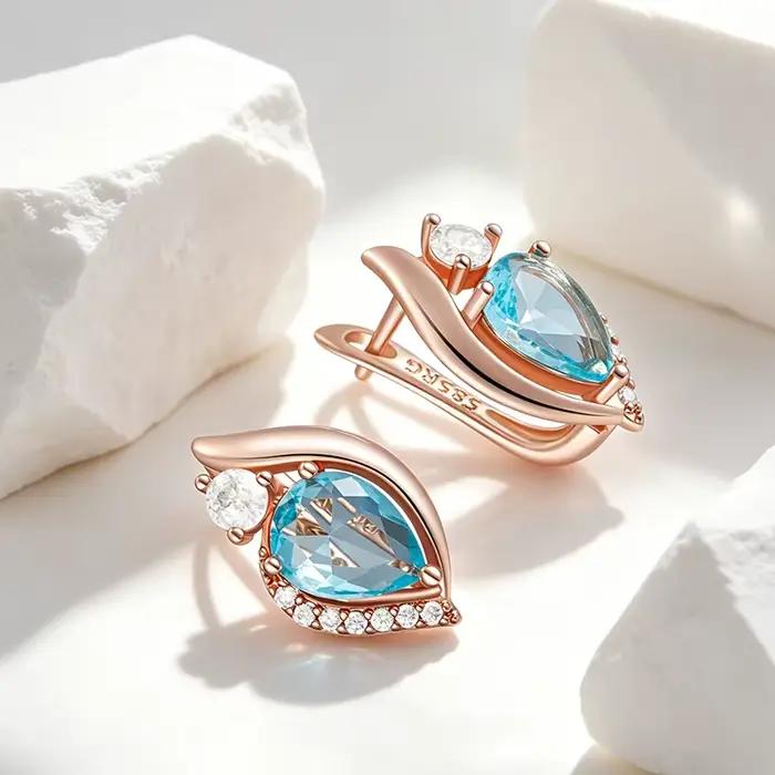 Kienl – boucles d'oreilles anglaises couleur or Rose 585 pour femmes, accessoires en Zircon naturel bleu, bijoux fins de haute qualité pour tous les jours