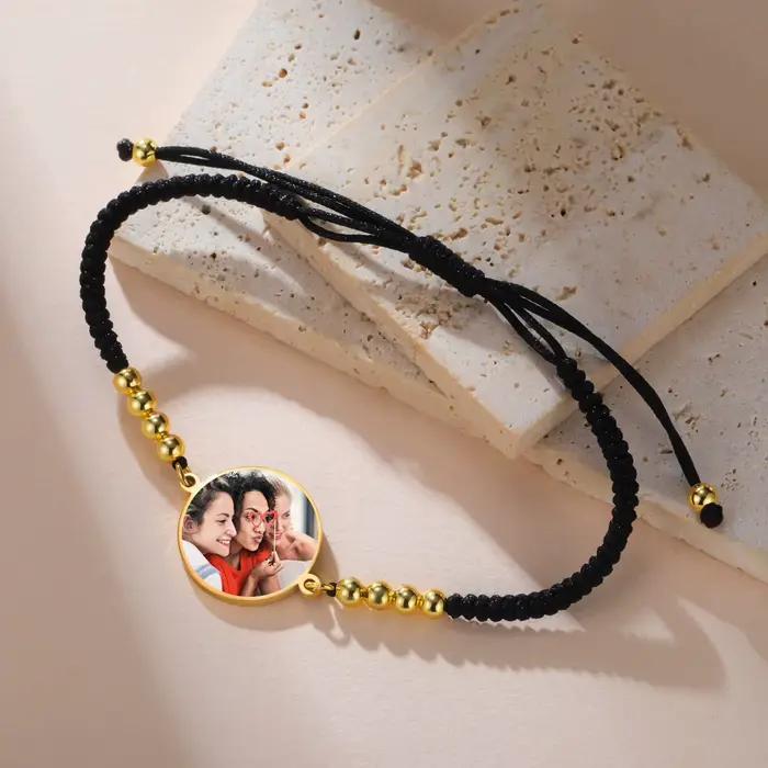 Lemegeton Bracelet Photo personnalisé, corde rouge et noire, pendentif rond, bijoux en acier inoxydable pour femmes et hommes, cadeaux tendance personnalisés