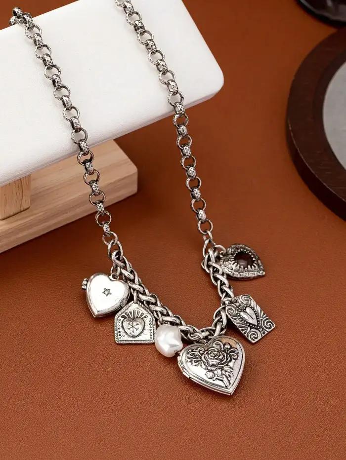 Collier Femme Tendance Luxe Léger Plaqué Argent Antique Multi-Pendentifs Occasions Spéciales