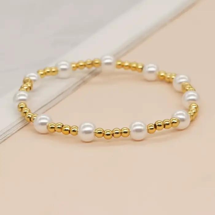 Bracelet de perles rondes style bohème pour femme, bijoux élastiques avec breloques perles dorées, l