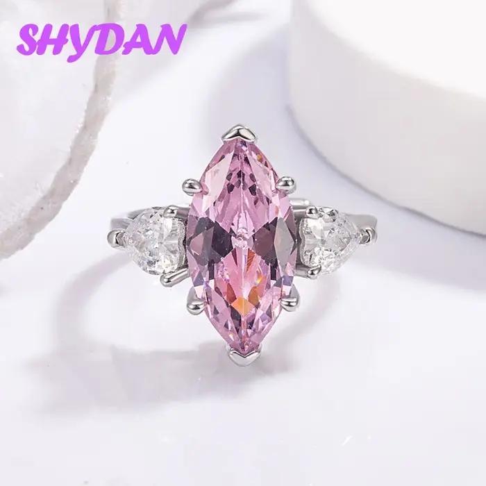 Bague ajustable en argent sterling 925 avec zircon cubique rose en forme de goutte d'eau