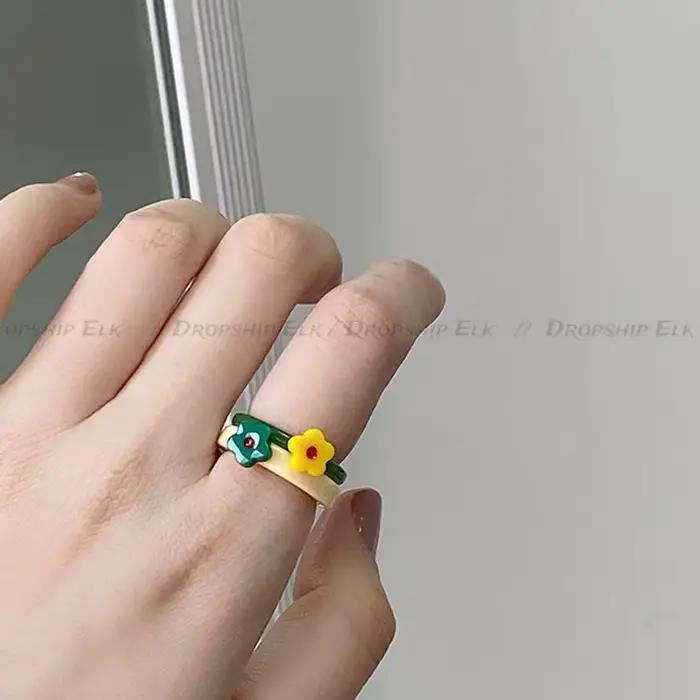 Bague en forme de coeur en email coloré pour femmes et filles anneau doux tendance geometrique goutte d'huile drôle Y2K bijoux d'ete nouveau