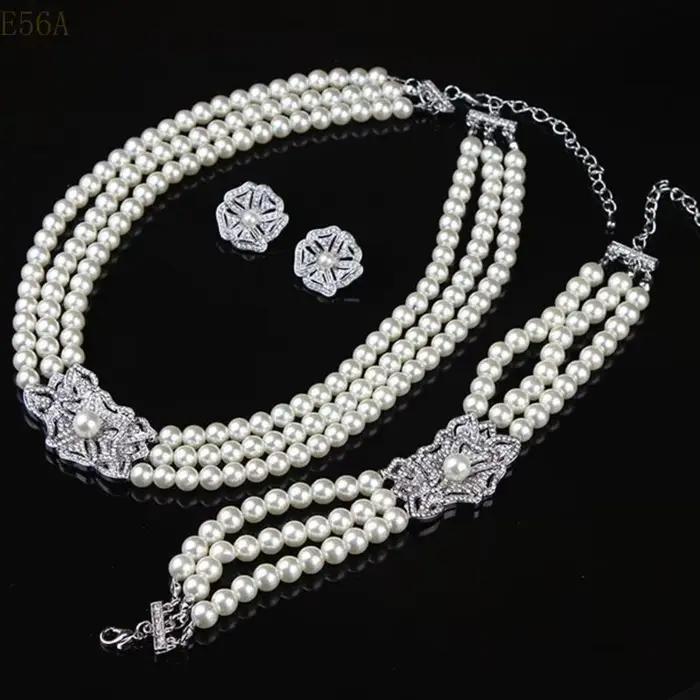 E56A Perles superbes bijoux en cristal avec boucles d'oreilles collier bracelet pour les femmes à mode