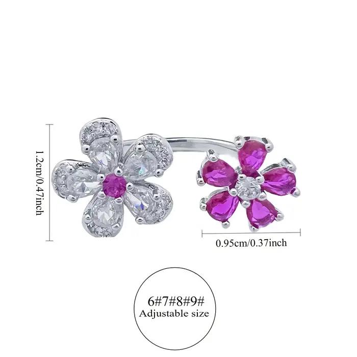 Bague ouverte florale tendance pour femme - Bijou fleur rose incrusté de zircons étincelants