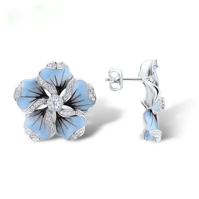 Boucles d'oreilles en argent sterling 925 serties de zirconium blanc en forme de fleur romantique pour femme occasions spéciales mariage engagement soirée festive