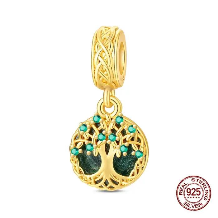 Breloque Arbre de Vie en argent 925 avec perles dorées, argentées et vertes, compatible avec les bracelets originaux en argent de 3 mm, bijoux fins à faire soi-même, cadeau pour femme
