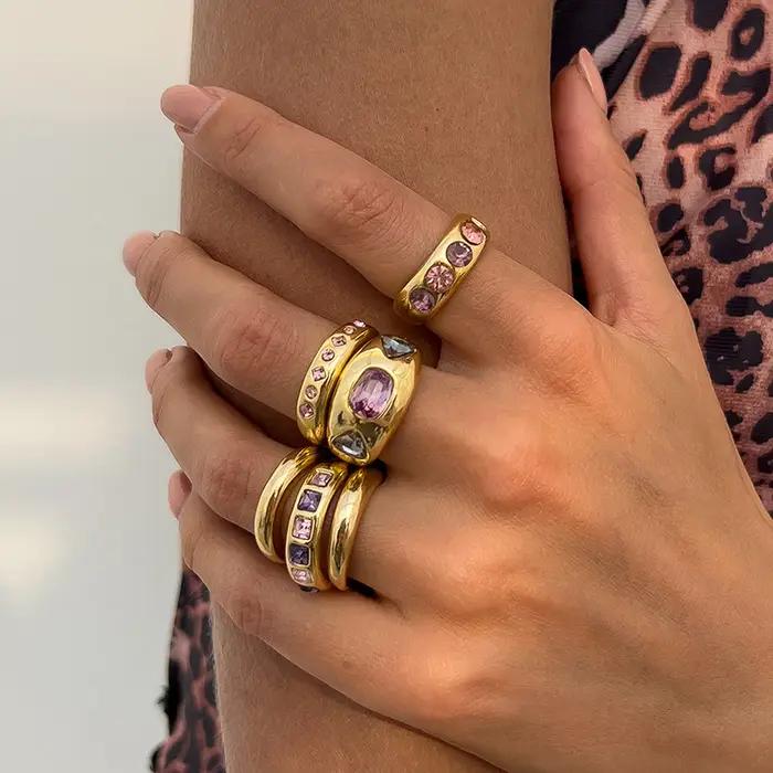 Salircon 6 pièces/ensemble incrusté de zircon violet ensemble de bagues d'ouverture réglable femmes bague de couleur or lisse pour femme bijoux quotidiens cadeau