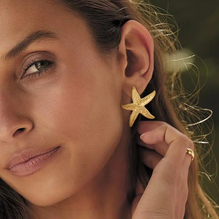 Uworld mode océan mer étoile boucles d'oreilles 18K couleur or plaqué acier inoxydable lisse grande taille