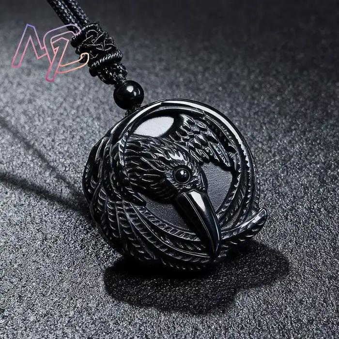Collier pendentif corbeau en obsidienne véritable, amulette en pierres précieuses à la mode, accesso