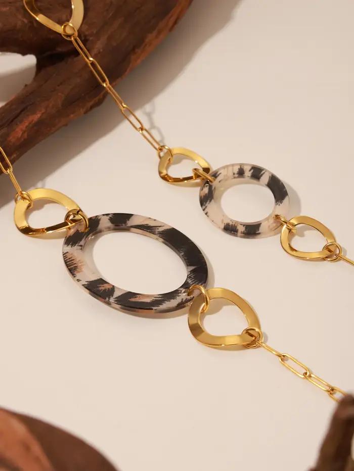 Collier long en acier inoxydable avec imprimé léopard rond pour femme