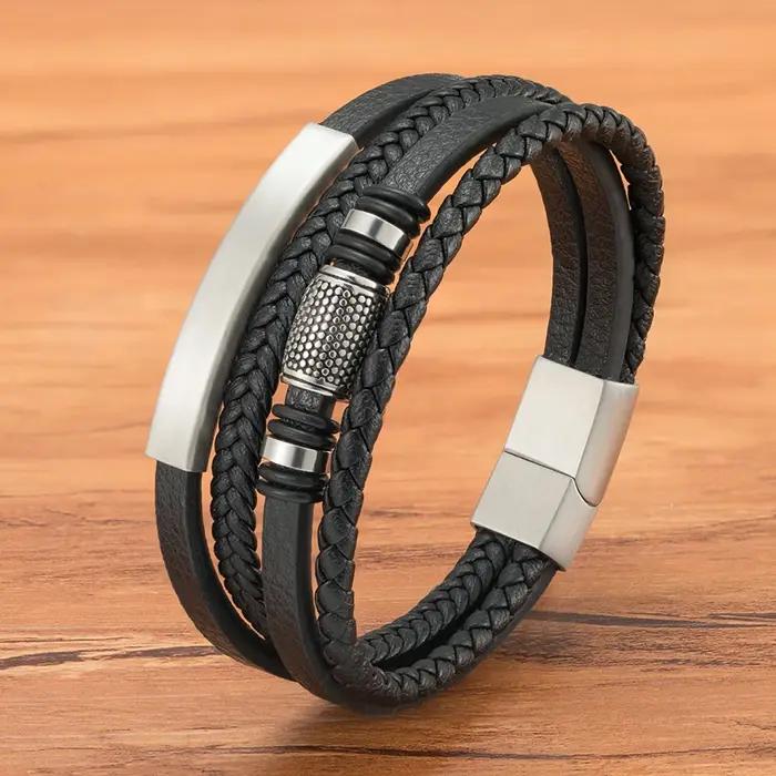 Bracelet en cuir corde tressée multicouche avec acier inoxydable pour hommes et femmes styles hip-hop rock occasionnels